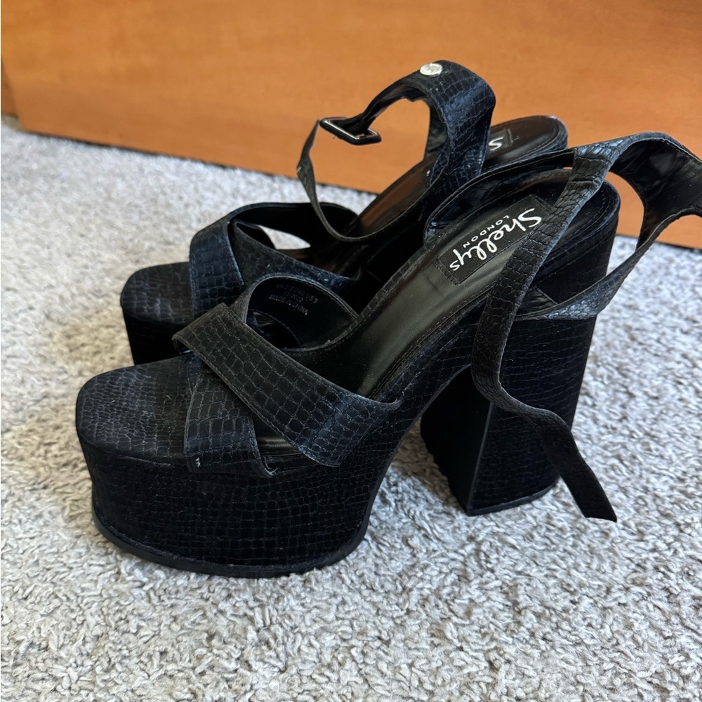 Shellys London Black Croc Platform Heels
